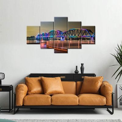 5 Pieces Black and White Jeffersonville Indiana Cityscape Painting Artwork Big Four Bridge Across Ohio River Canvas Picture Print Wall Art for Living Room Stretched Framed Ready to Hang - 60"Wx32"H