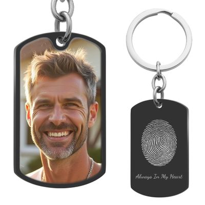 Dreambell Personalized Color Photo Custom Oval Fingerprint Text Engraved Picture Dog Tag Pendant Key Chain Gift for Women Men (BK: Fingerprint + Color Photo)