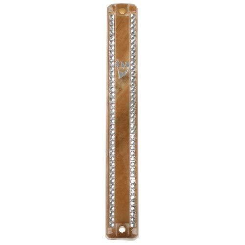 Judaica Place Plastic Mezuzah Case Brown Base Lined with Stones - Easy Peel and Stick Mezuzah Cover for 15cm Scroll
