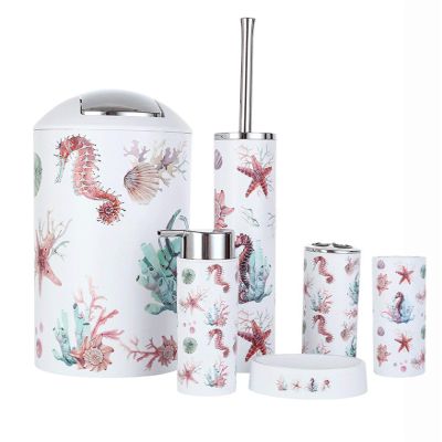 Icegrey Modern Bathroom Accessory Set, Plastic, Ocean, 4 Piece Incl. Toothbrush Holder, Tooth Mug, Soap Dish, Toilet Brush, Trash Can