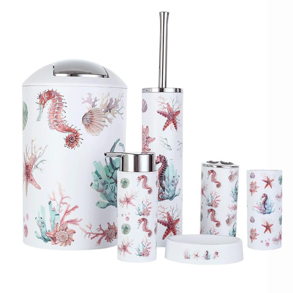 Icegrey Modern Bathroom Accessory Set, Plastic, Ocean, 4 Piece Incl. Toothbrush Holder, Tooth Mug, Soap Dish, Toilet Brush, Trash Can