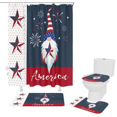 4 PCS July 4th Gnome Shower Curtain Sets with Rugs,Bathroom Shower Curtain(12 Hooks) With Non-Slip Bath Mat Sets 3 Piece(Toilet Lid Cover+U-Shaped Mats+Bath Rug),36x72inch,Celebrate Independence Day