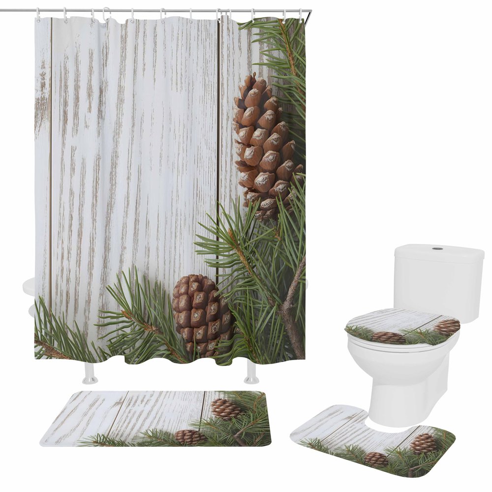 4 PCS Tropical Pinecone Wood Shower Curtain Sets with Rugs,Bathroom Shower Curtain(12 Hooks) With Non-Slip Bath Mat Sets 3 Piece(Toilet Lid Cover+U-Shaped Mats+Bath Rug),36x72inch,Rustic Wooden Barn