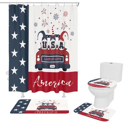 4 PCS Independence Day Gnome Shower Curtain Sets with Rugs,Bathroom Shower Curtain(12 Hooks) With Non-Slip Bath Mat Sets 3 Piece(Toilet Lid Cover+Mats+Bath Rug),36x72inch,Truck American US Flag