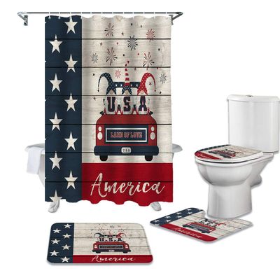 4 PCS Vintage Gnome July 4th Shower Curtain Sets with Rugs,Bathroom Shower Curtain(12 Hooks) With Non-Slip Bath Mat Sets 3 Piece(Toilet Lid Cover+Mats+Bath Rug),66x72inch,Independence Day Fireworks