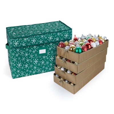 Covermates Keepsakes Adjustable Ornament Storage Box  Heavy-Duty Polyester, Padded Dividers & FlexGrid Trays  Protective Holiday Organizer with Stackable Walls & Label Window, Green Snowflake