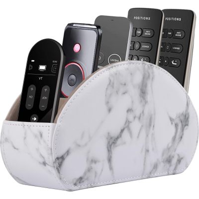 RHCSZ Leather Remote Control Holder with 5 Compartments TV Remote Caddy Store Box,Desktop Organizer for Controller, Glasses and Media Player,Pen Storage (White)