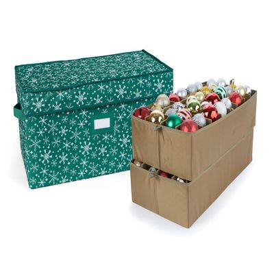 Covermates Keepsakes Adjustable Ornament Storage Box  Heavy-Duty Polyester, Padded Dividers & FlexGrid Trays  Protective Holiday Organizer with Stackable Walls & Label Window, Green Snowflake
