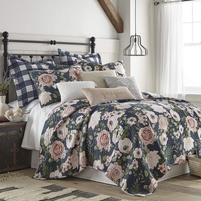 Levtex Home - Fiori Quilt Set - King/Cal King Quilt 106x92in. + Two King Pillow Shams 36x20in. - Floral - Charcoal, Coral, Pink, Green, Cream - Reversible - Cotton Fabric