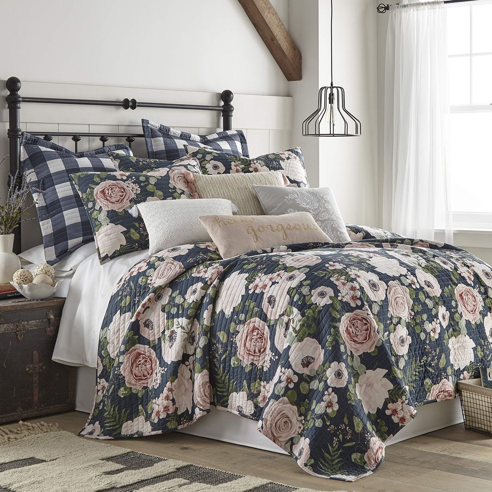 Levtex Home - Fiori Quilt Set - King/Cal King Quilt 106x92in. + Two King Pillow Shams 36x20in. - Floral - Charcoal, Coral, Pink, Green, Cream - Reversible - Cotton Fabric