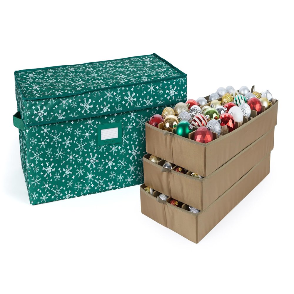 Covermates Keepsakes Adjustable Ornament Storage Box  Heavy-Duty Polyester, Padded Dividers & FlexGrid Trays  Protective Holiday Organizer with Stackable Walls & Label Window, Green Snowflake