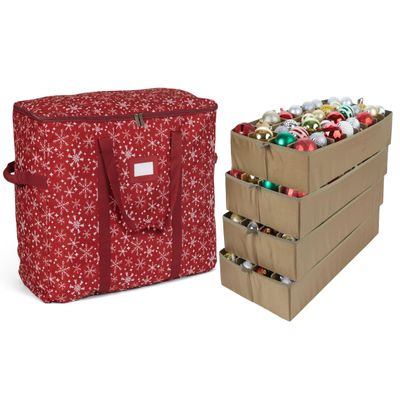 Covermates Keepsakes Adjustable Ornament Storage Bag  Heavy-Duty Polyester, Padded Dividers & FlexGrid Trays  Protective Holiday Ornament Organizer with Handles & Label Window, Red Snowflake