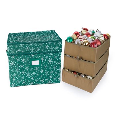 Covermates Keepsakes Adjustable Ornament Storage Box  Heavy-Duty Polyester, Padded Dividers & FlexGrid Trays  Protective Holiday Organizer with Stackable Walls & Label Window, Green Snowflake