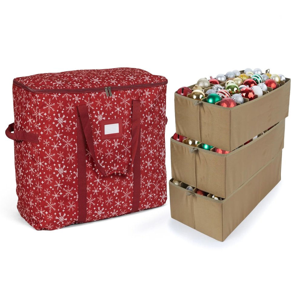 Covermates Keepsakes Adjustable Ornament Storage Bag  Heavy-Duty Polyester, Padded Dividers & FlexGrid Trays  Protective Holiday Ornament Organizer with Handles & Label Window, Red Snowflake