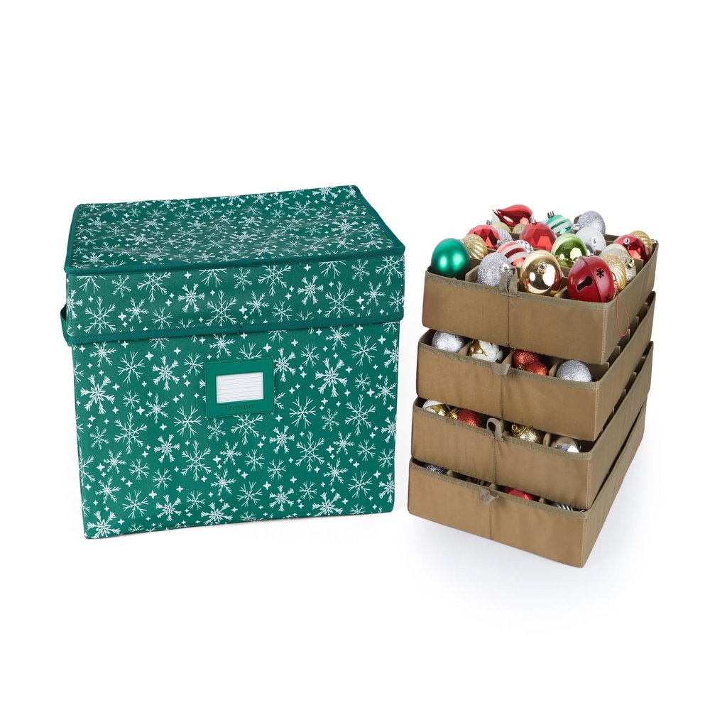 Covermates Keepsakes Adjustable Ornament Storage Box  Heavy-Duty Polyester, Padded Dividers & FlexGrid Trays  Protective Holiday Organizer with Stackable Walls & Label Window, Green Snowflake