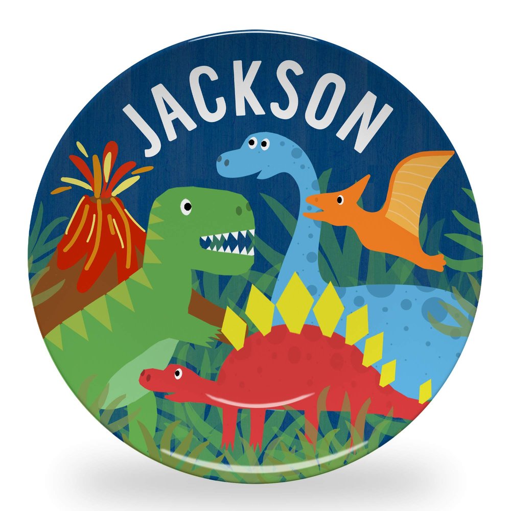 Tiny Expressions - Personalized Dinosaur Plate for Kids with Custom Name and Cute Dino Themed Design | 10" Diameter Dishwasher Safe | BPA Free Made in the USA Decorative Gift Plates