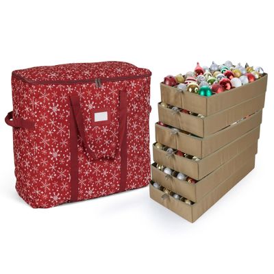 Covermates Keepsakes Adjustable Ornament Storage Bag  Heavy-Duty Polyester, Padded Dividers & FlexGrid Trays  Protective Holiday Ornament Organizer with Handles & Label Window, Red Snowflake