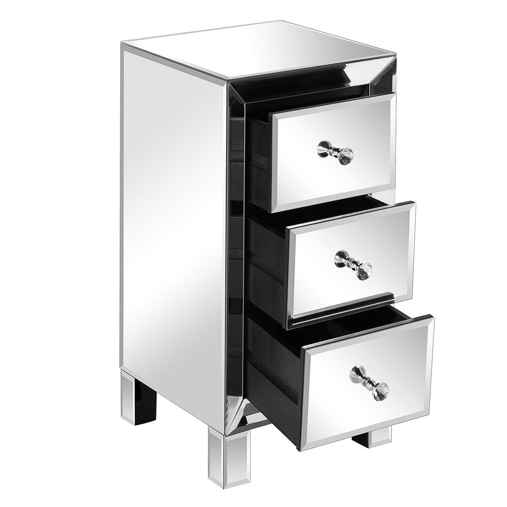 VINGLI Mirrored Nightstand with 3-Drawers Silver Side End Table Mirrored Furniture for Small Space, Bedroom, Living Room
