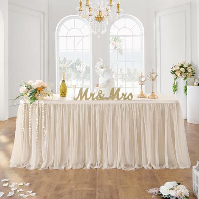 108in Champagne Gold Tulle Table Skirts for Rectangle Tables 8ft 6ft 4ft, 2-Layer Beige Ruffle Tulle Tutu Cloth Table Skirt 14ft for Wedding Party Birthday Baby Shower Cake Dessert(No Table Cover)