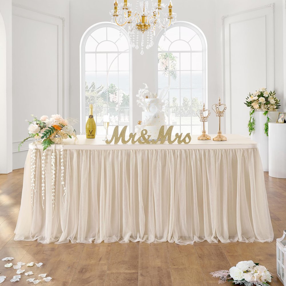 108in Champagne Gold Tulle Table Skirts for Rectangle Tables 8ft 6ft 4ft, 2-Layer Beige Ruffle Tulle Tutu Cloth Table Skirt 14ft for Wedding Party Birthday Baby Shower Cake Dessert(No Table Cover)