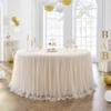 108in Champagne Gold Tulle Table Skirts for Rectangle Tables 8ft 6ft 4ft, 2-Layer Beige Ruffle Tulle Tutu Cloth Table Skirt 14ft for Wedding Party Birthday Baby Shower Cake Dessert(No Table Cover) view 2