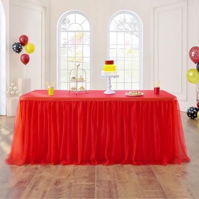 108inch Red Tulle Table Skirt for Rectangle Tables 4/6/8ft, 2-Layer Ruffle Tulle Tutu Red Cloth Table Desk Skirts 9ft for Chrismas Birthday Party Baby Shower Cake Dessert Tables(No Top Cover)