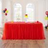 108inch Red Tulle Table Skirt for Rectangle Tables 4/6/8ft, 2-Layer Ruffle Tulle Tutu Red Cloth Table Desk Skirts 9ft for Chrismas Birthday Party Baby Shower Cake Dessert Tables(No Top Cover) view 1