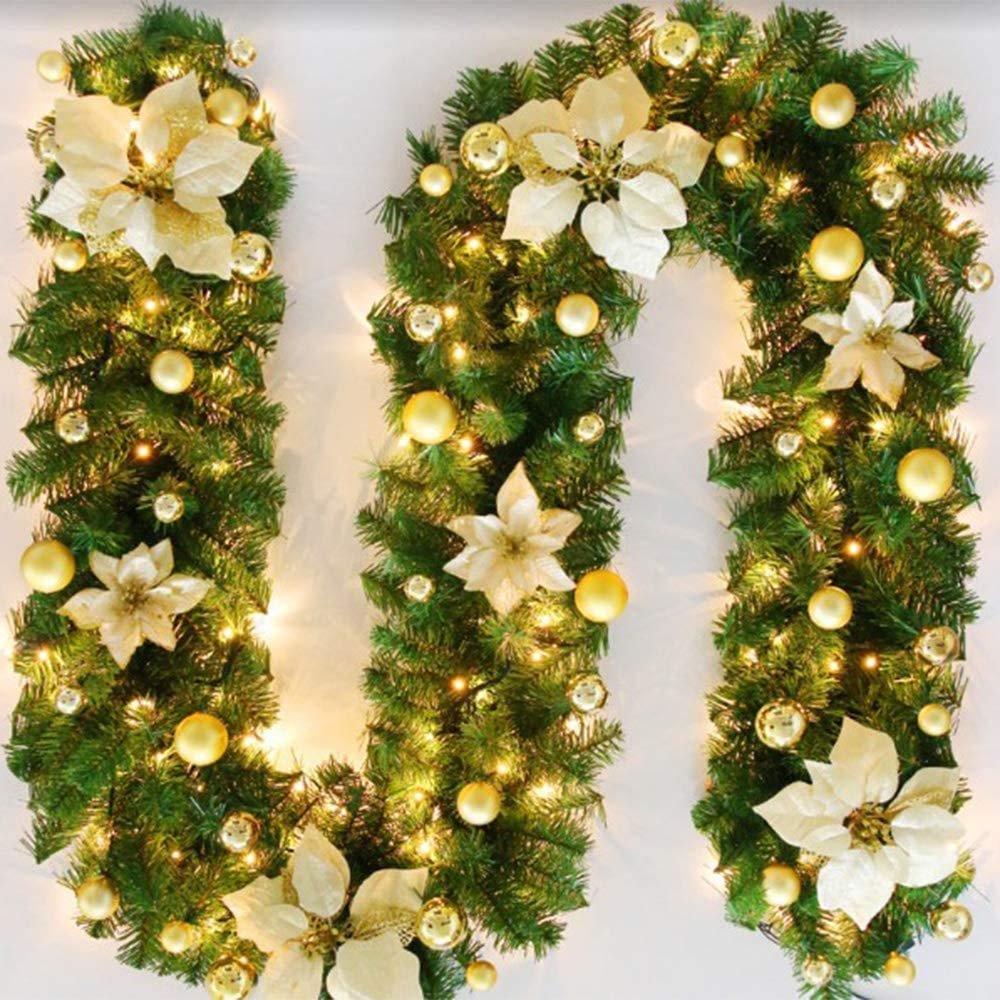 Christmas Garland Rattan with Lights 2.7m, Decorated Garland Illuminated with LED Lights Christmas Garland for Fireplaces Stairs, Flowers Xmas Tree Decorations Christmas Ornament Indoor Outdoor (Gold)