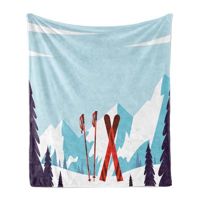 Ambesonne Ski Throw Blanket, Ski Poles Dipped into Snow on a Snowy Mountainous Setting, Flannel Fleece Accent Piece Soft Couch Cover for Adults, 50" x 70", Blue Purple