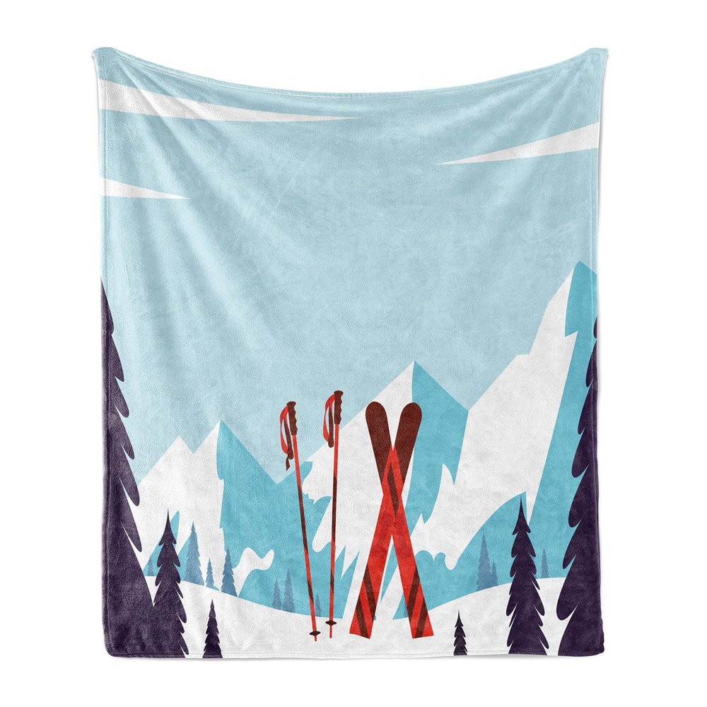 Ambesonne Ski Throw Blanket, Ski Poles Dipped into Snow on a Snowy Mountainous Setting, Flannel Fleece Accent Piece Soft Couch Cover for Adults, 50" x 70", Blue Purple