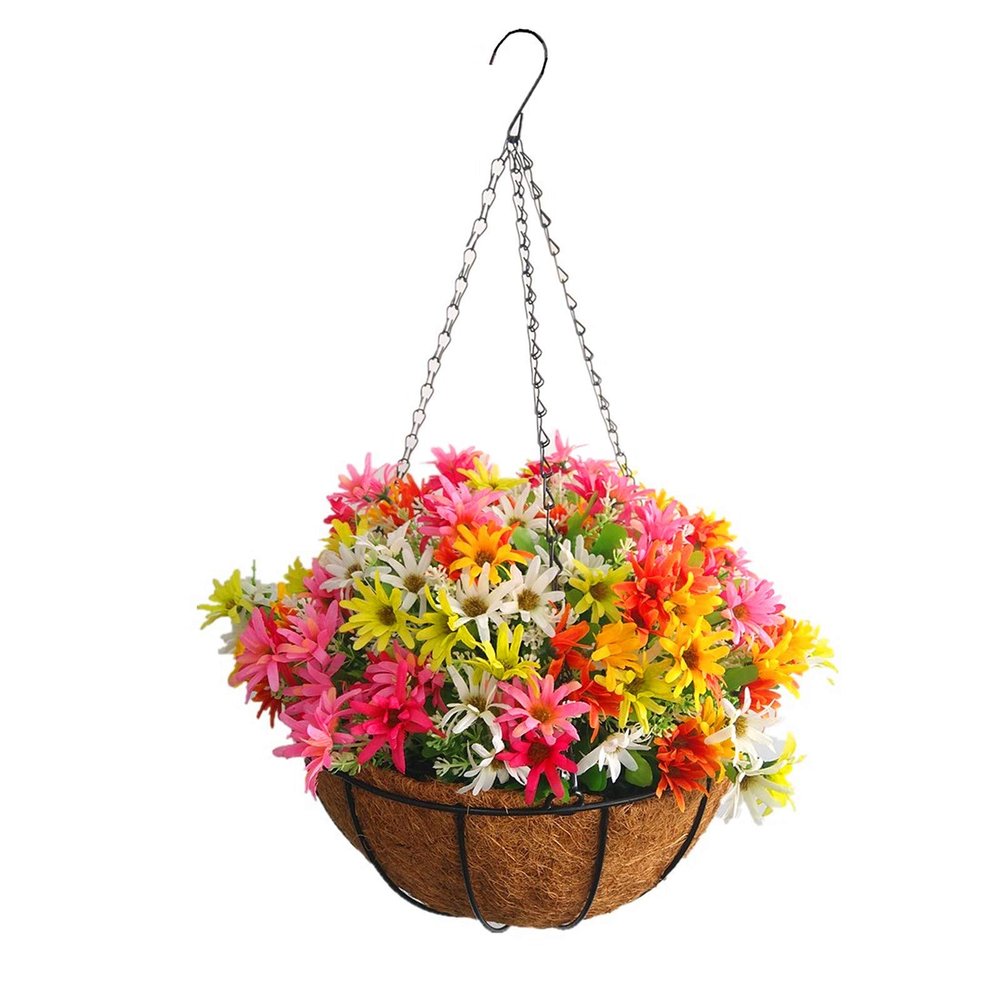 Indoors and Outdoors Decoration Metal Chain Hanging Basket Fake Flowers Artificial Daisy (Big Basket)