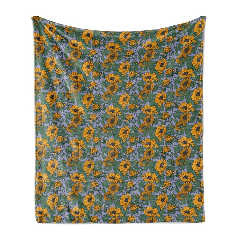 Ambesonne Vintage Throw Blanket, Art Nouveau Inspired Tender Entangled Leaves and Flowers, Flannel Fleece Accent Piece Soft Couch Cover for Adults, 70" x 90", Yellow Fern