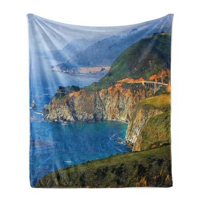 Ambesonne Big Sur Soft Flannel Fleece Throw Blanket, Photo of an Aerial Vista Scene of California Coast High Mountains, Cozy Plush for Indoor and Outdoor Use, 70" x 90", Blue