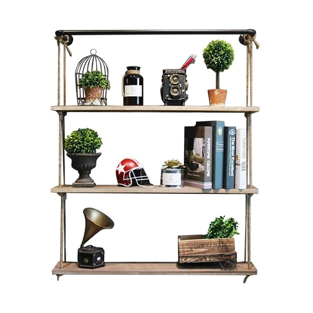 WYFZT Floating Shelves with String, Hanging Shelf Wall Mounted with Jute Rope,Rustic Wood Suspended Wall Shelf | Swing Shelf Home Storage Shelving Unit Organizer, 3-Tier (Size : 402090cm)