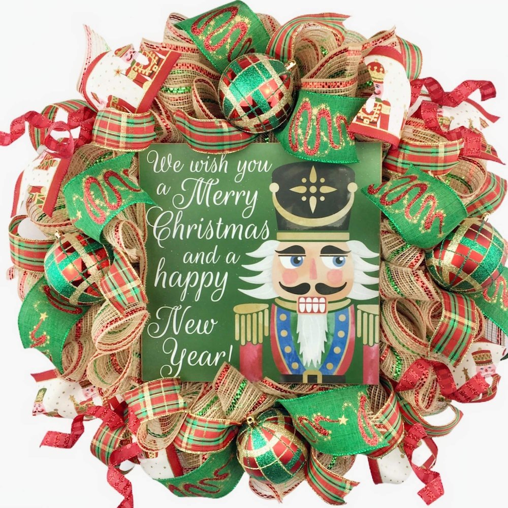 Artisan Nutcracker Christmas & New Year Wreath Featuring a 12' Wood Sign, 4 Plaid Ornaments & Beautiful Ribbon. Wreath is Very Full, Made with 30 Feet of Natural/Metallic Fabric