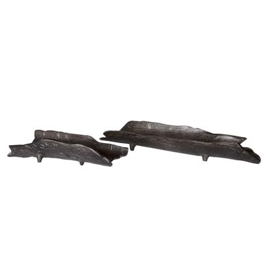 MY SWANKY HOME Luxe Cast Aluminum Tree Bark Shape Tray Set 2 Long Organic Modern Black Silver