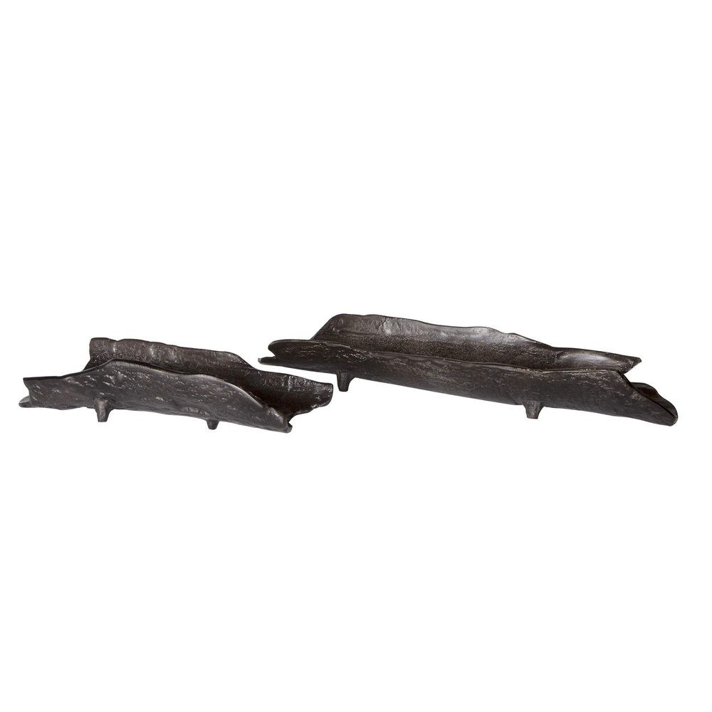 MY SWANKY HOME Luxe Cast Aluminum Tree Bark Shape Tray Set 2 Long Organic Modern Black Silver