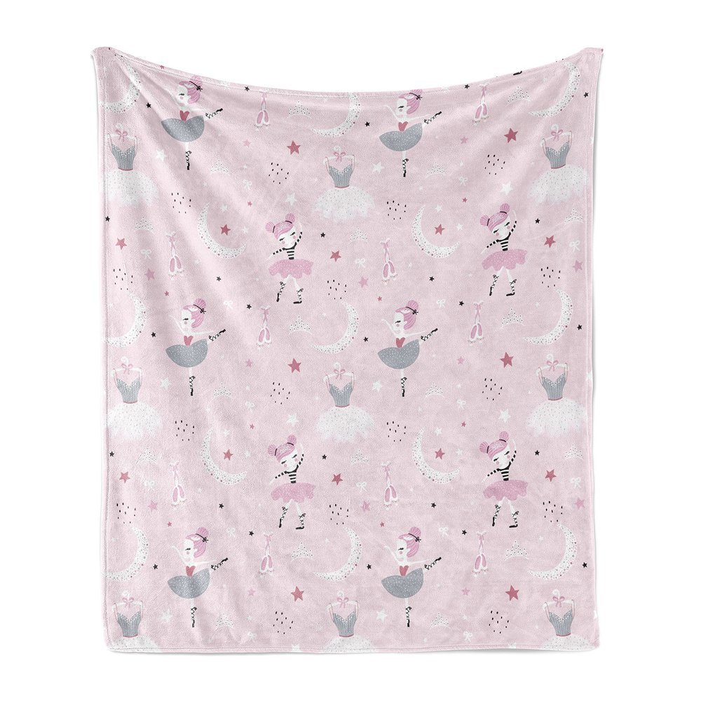 Ambesonne Cartoon Soft Flannel Fleece Throw Blanket, Girl Dancing Dreamy Style Ballet Shoes Tutu Dress Pointe Stars Moon, Cozy Plush for Indoor and Outdoor Use, 70" x 90", Pale Pink