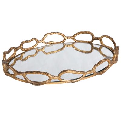 MY SWANKY HOME Elegant Free Form Gold Chain Links Tray Decorative Mirrored Oval Serving Modern