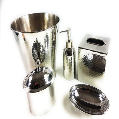 Biltmore Hammered Shiny Waste Basket, Tissue Cover, Soap Dish, Jar, Soap or Lotion Dispenser Set of 5 Stainless Steel