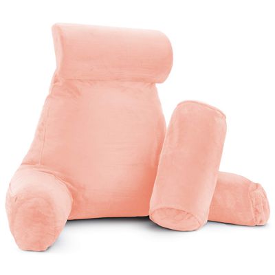 Clara Clark Bed Rest Reading Pillow with Arms and Pockets Detachable Neck Roll & Lumbar Support for Kids Teens & Adults-Premium Shredded Memory Foam, Large Roll, Peach (VC-CC-redingplw-lnr-Peach)