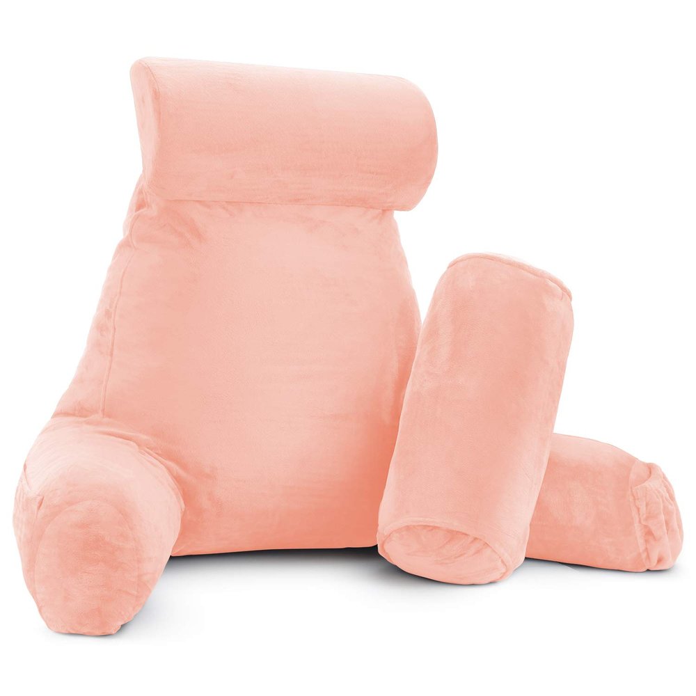 Clara Clark Bed Rest Reading Pillow with Arms and Pockets Detachable Neck Roll & Lumbar Support for Kids Teens & Adults-Premium Shredded Memory Foam, Large Roll, Peach (VC-CC-redingplw-lnr-Peach)