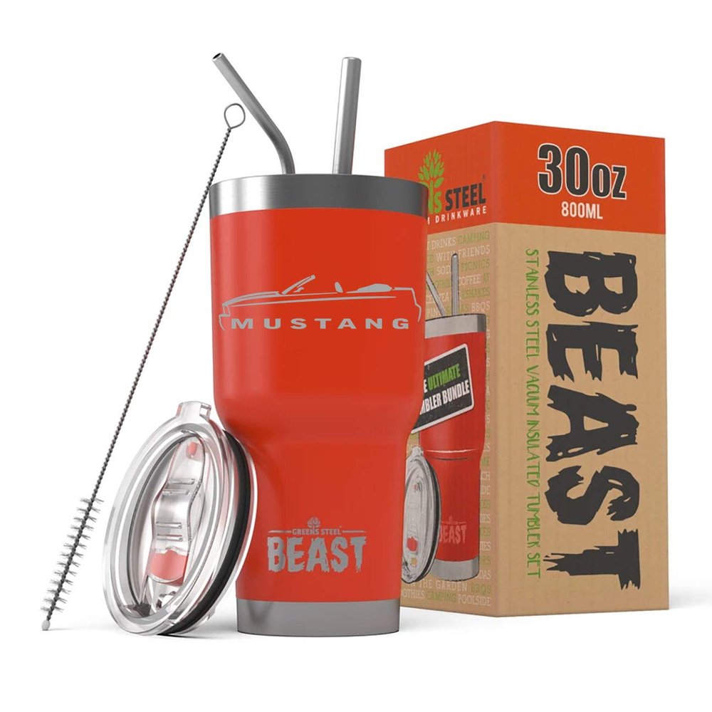 2005-09 Ford Mustang Convertible Beast 30 oz Stainless Steel Insulated Tumbler w/Lid, 2 Straws, Brush and Gift Box red