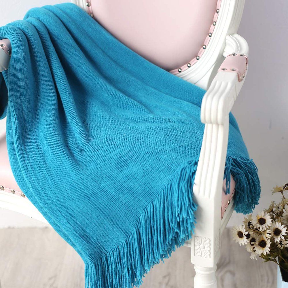 vctops Solid Fringe Throw Blanket with Tassels Faux Cashmere Super Soft Warm Blankets for Couch Sofa Bed and Living Room for All Season (Peacock Blue, 51"x67")