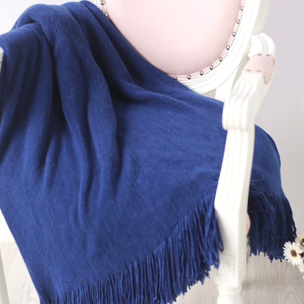 vctops Solid Fringe Throw Blanket with Tassels Faux Cashmere Super Soft Warm Blankets for Couch Sofa Bed and Living Room for All Season (Navy, 51"x67")