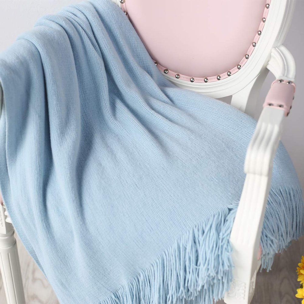vctops Solid Fringe Throw Blanket with Tassels Faux Cashmere Super Soft Warm Blankets for Couch Sofa Bed and Living Room for All Season (Light Blue, 51"x67")