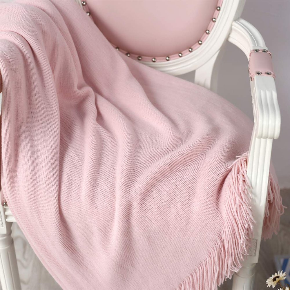 vctops Solid Fringe Throw Blanket with Tassels Faux Cashmere Super Soft Warm Blankets for Couch Sofa Bed and Living Room for All Season (Pink, 51"x67")