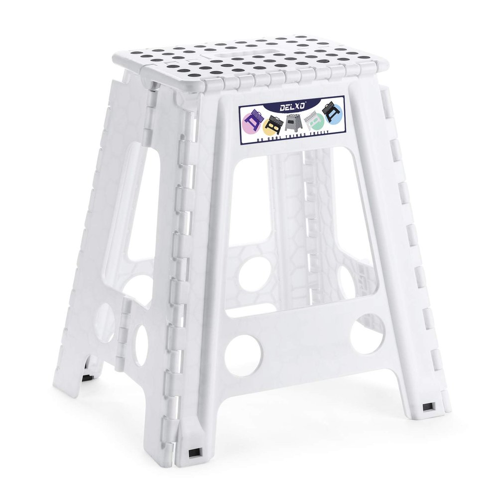 Delxo 18 Folding Step Stool in White,1 Pack Premium Heavy Duty Foldable Foot Stool for Adults,Portable Collapsible Plastic Step Stool,Non Slip Folding Up Stools for Kitchen Bathroom Bedroom
