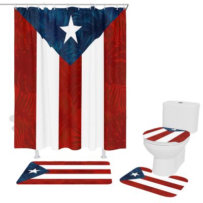 4 Pcs Shower Curtain Sets Puerto Rico Flag Waterproof Fabic Bathroom Set with Non-Slip Rugs Toilet Lid Cover Bath Mat Stripe Shower Curtain with Hooks 72x72 inch Shower Curtain with Hooks Large