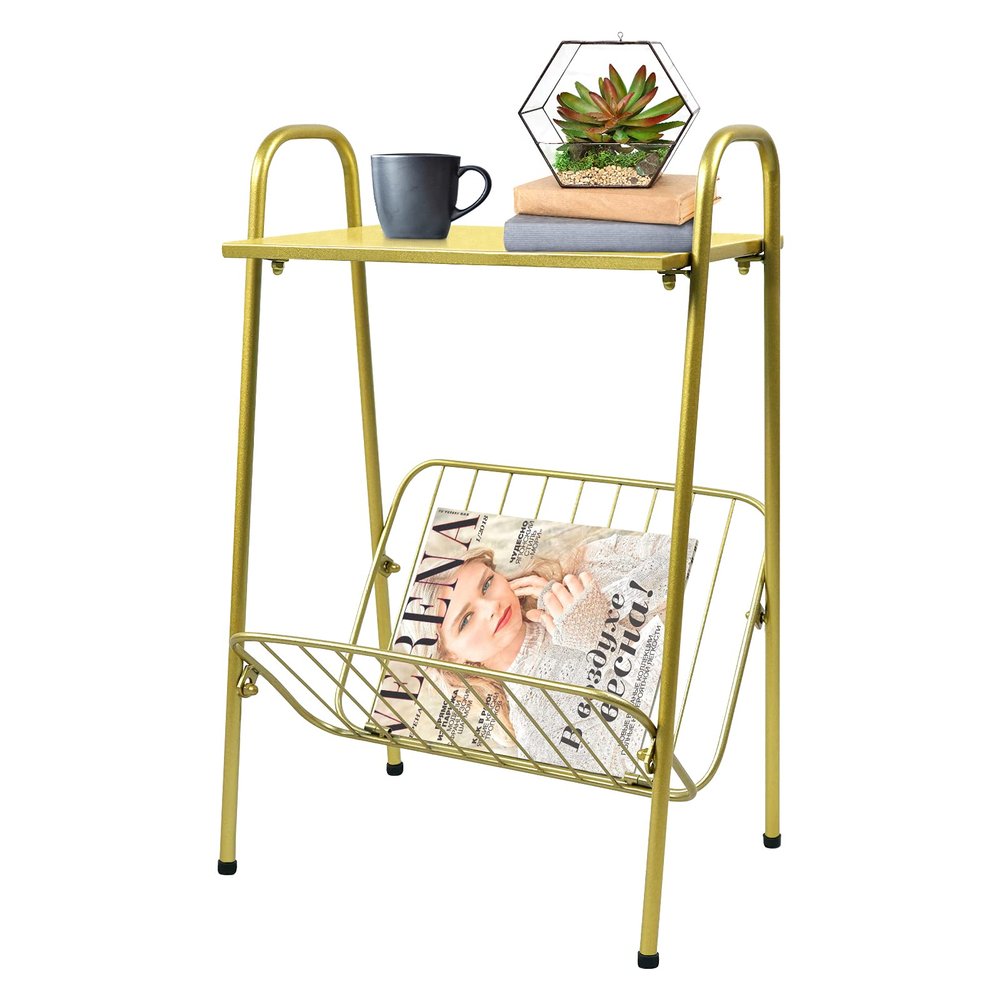 Jbikao Gold End Table - Modern Small Accent Metal Side Table with Magazine Storage for Record Player Stand, Living Room, Farmhouse, Bedside Table - 24in